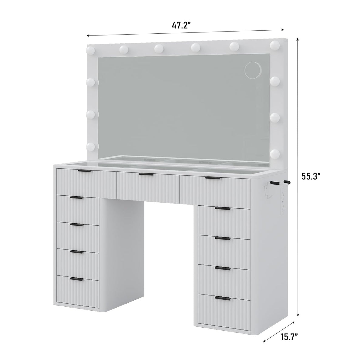 47" White Vanity Desk with 3-Color LED Mirror & 11 Drawers I160000