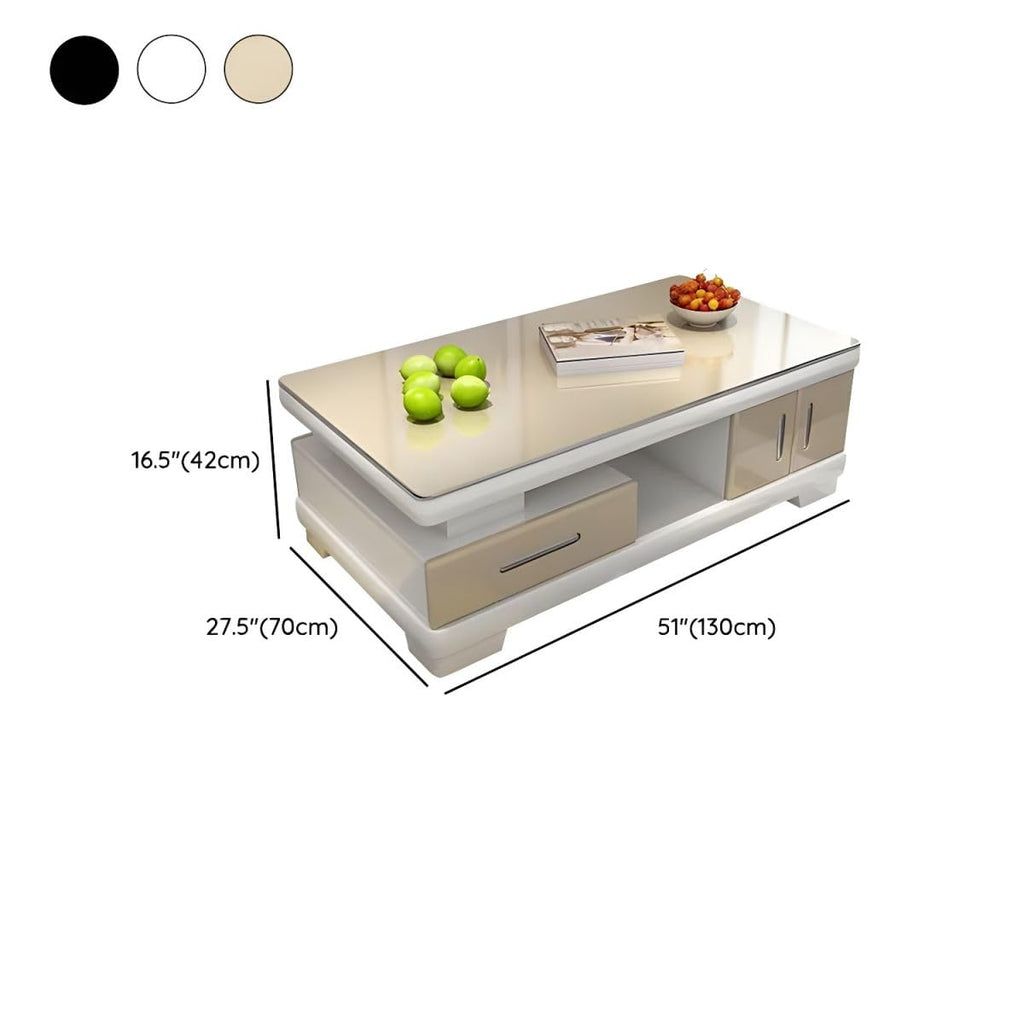 Modern Rectangular Glass Coffee Table with White Wood Base and Storage U8964