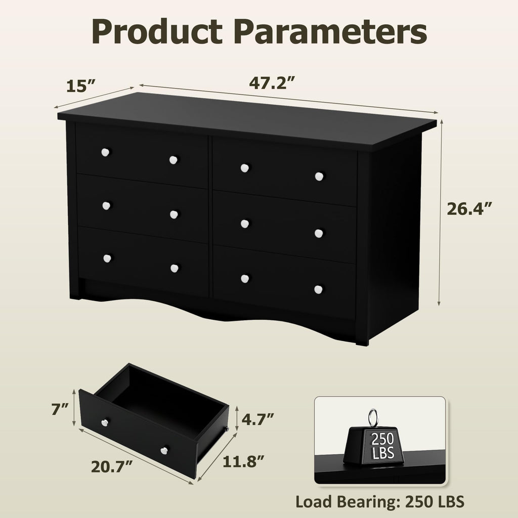 Black 6 Drawer Wood Dresser O6229