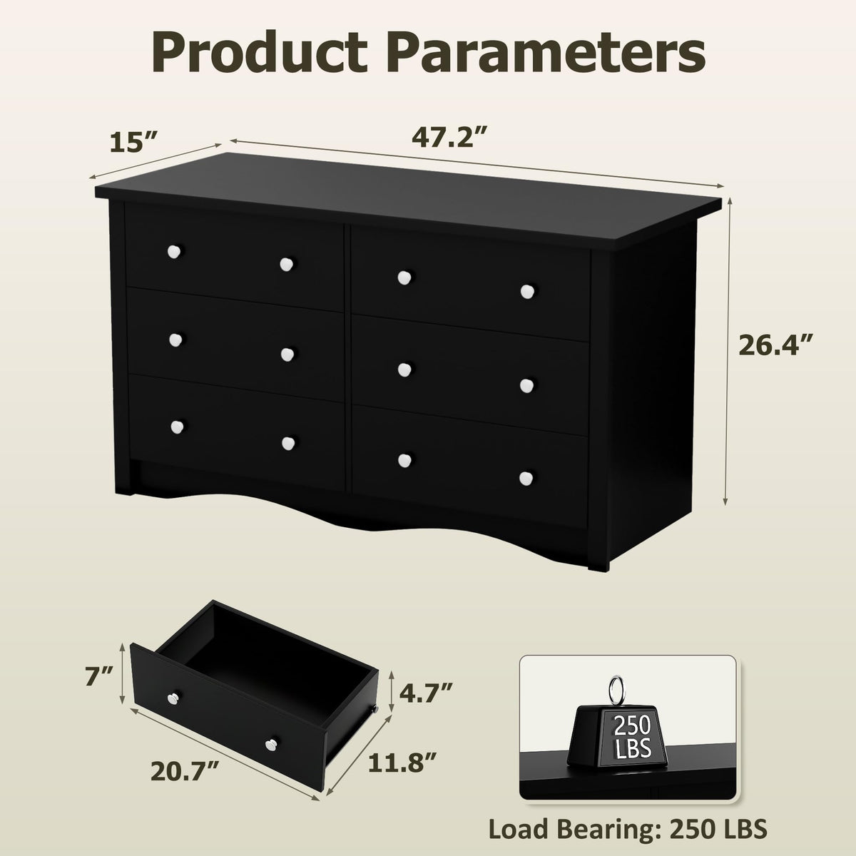 Black 6 Drawer Wood Dresser O6229