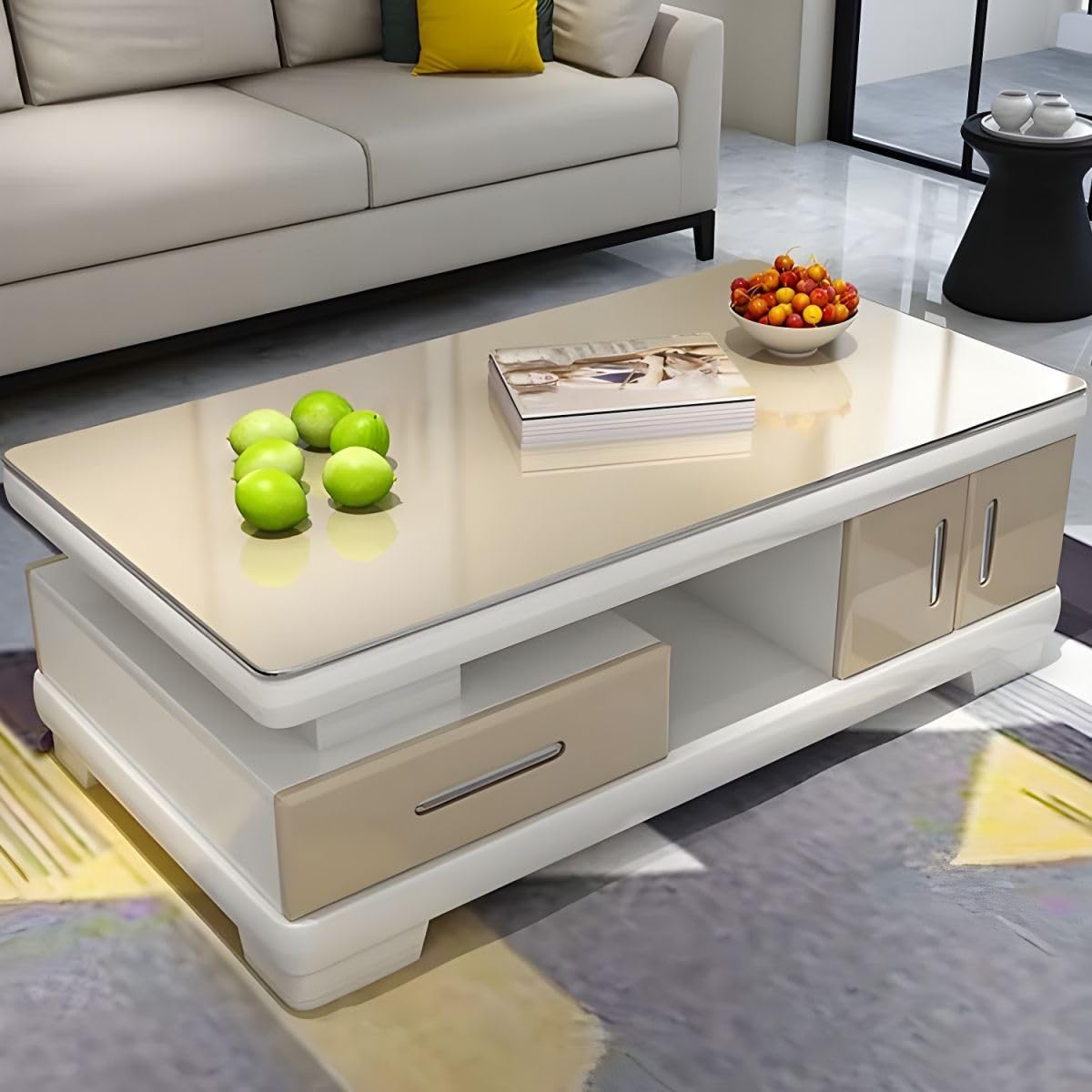 Modern Rectangular Glass Coffee Table with White Wood Base and Storage U8964