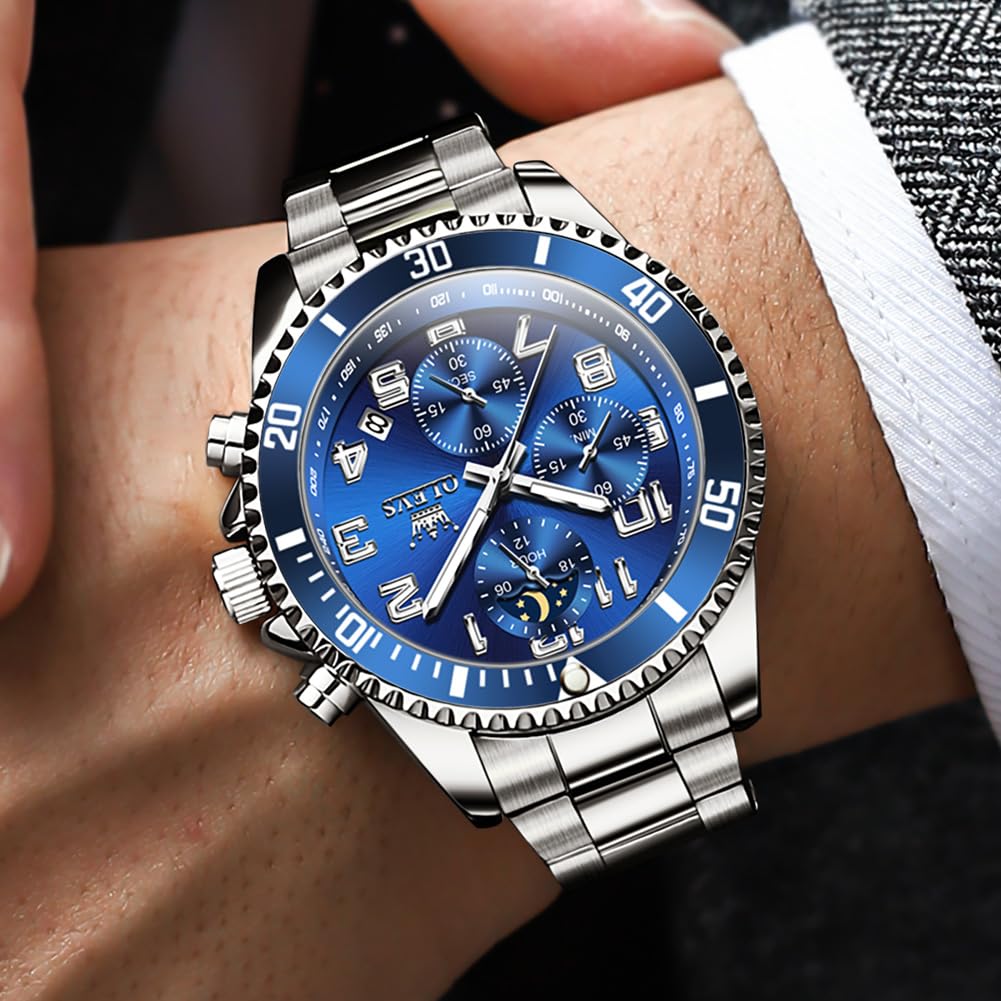 Mens Chronograph Moon Phase Two Tone Stainless Steel Waterproof Luminous Wrist Watch J659