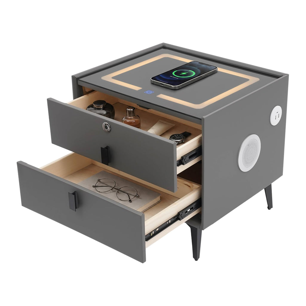 Smart Nightstand with Fingerprint Lock, Wireless Charging & 2-Drawer U327