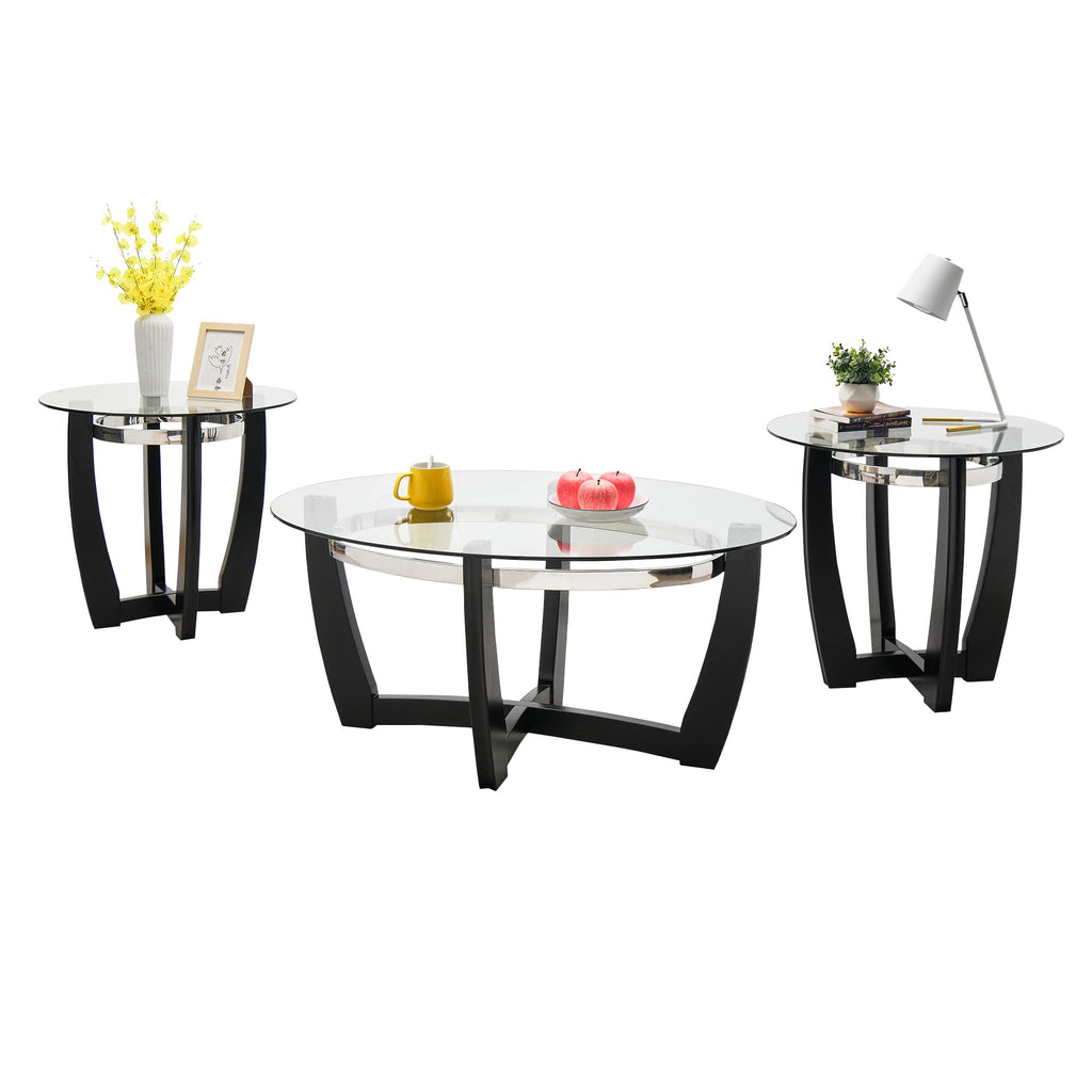 Glass Coffee Table with Solid Wood Base, 43.3''L x 29.5''W x 20.1''H B6554