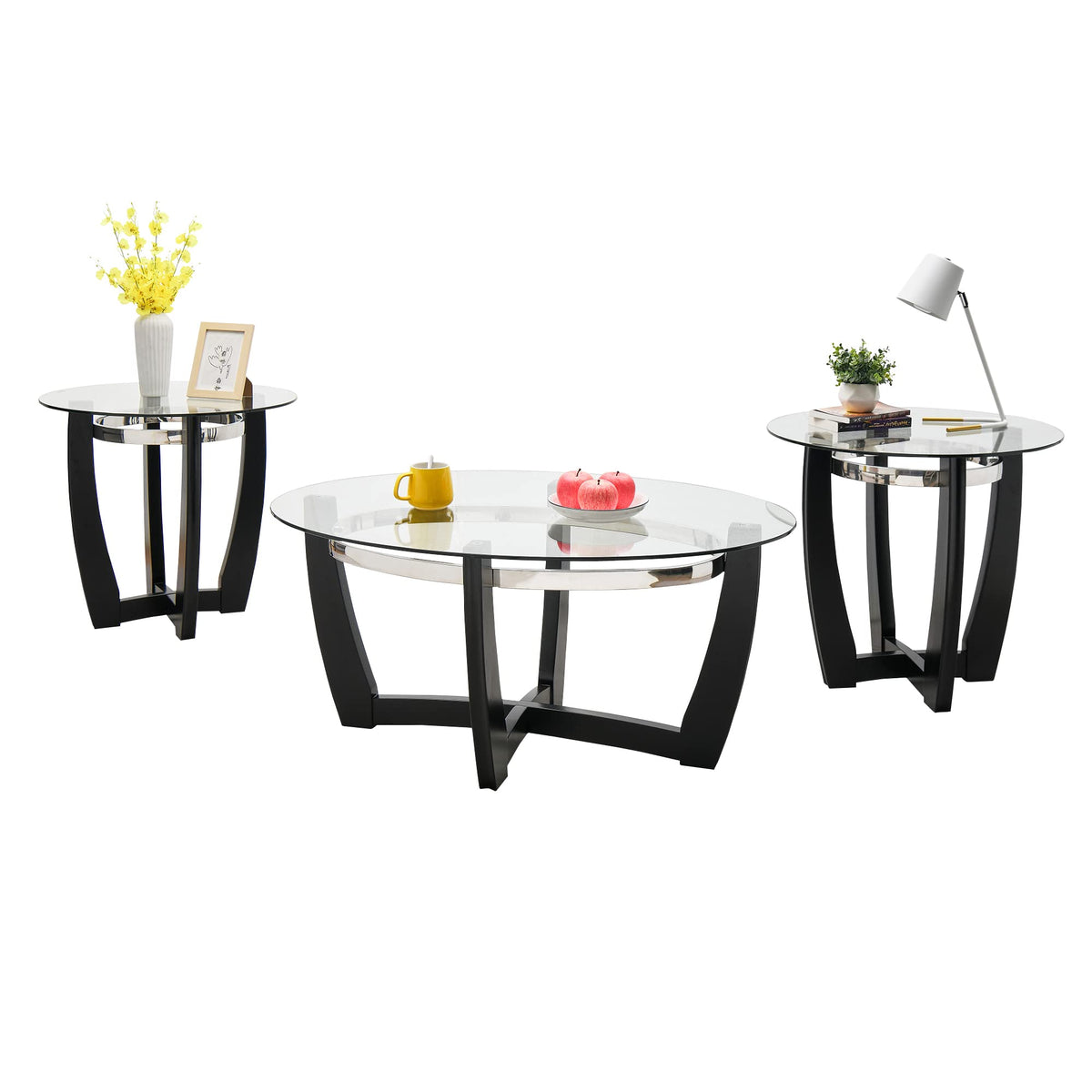 Glass Coffee Table with Solid Wood Base, 43.3''L x 29.5''W x 20.1''H B6554