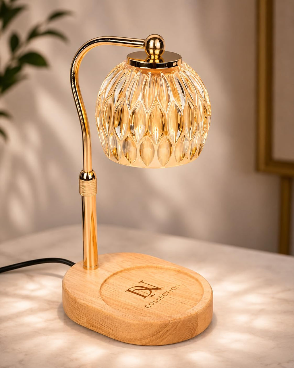 Candle Warmer Lamp with Timer & Dimmer, Adjustable Height, Crystal Glass Shade, Wooden Base, Gold Z25100