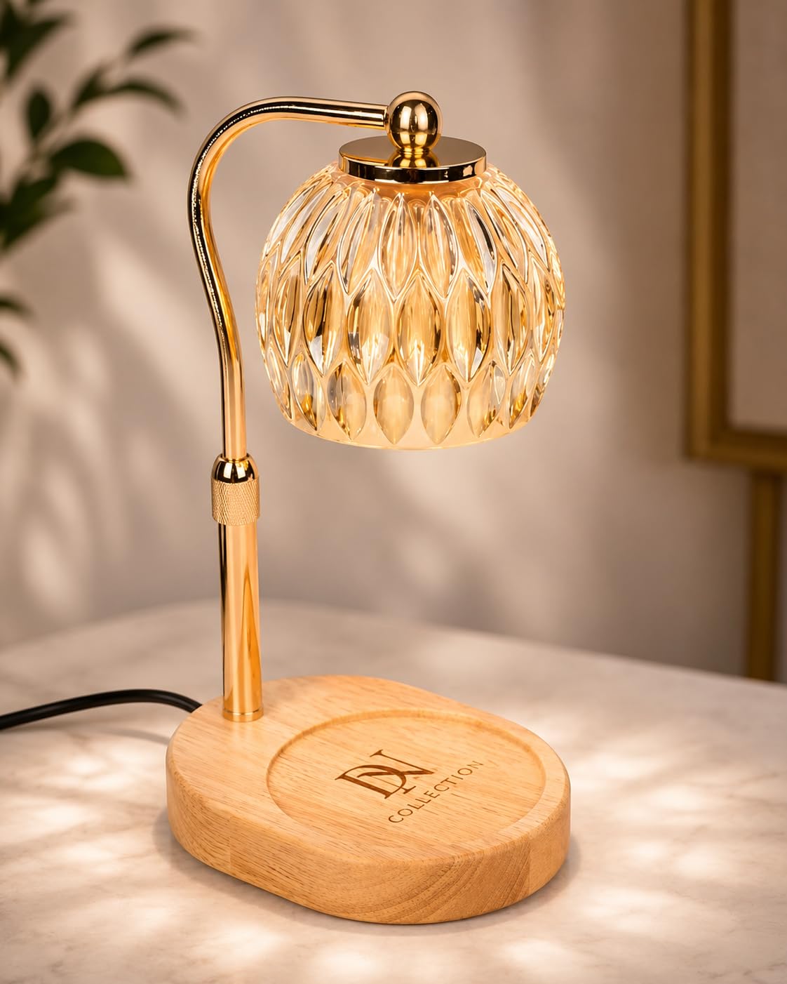 Candle Warmer Lamp with Timer & Dimmer, Adjustable Height, Crystal Glass Shade, Wooden Base, Gold Z25100