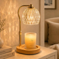 Candle Warmer Lamp with Timer & Dimmer, Adjustable Height, Crystal Glass Shade, Wooden Base, Gold Z25100