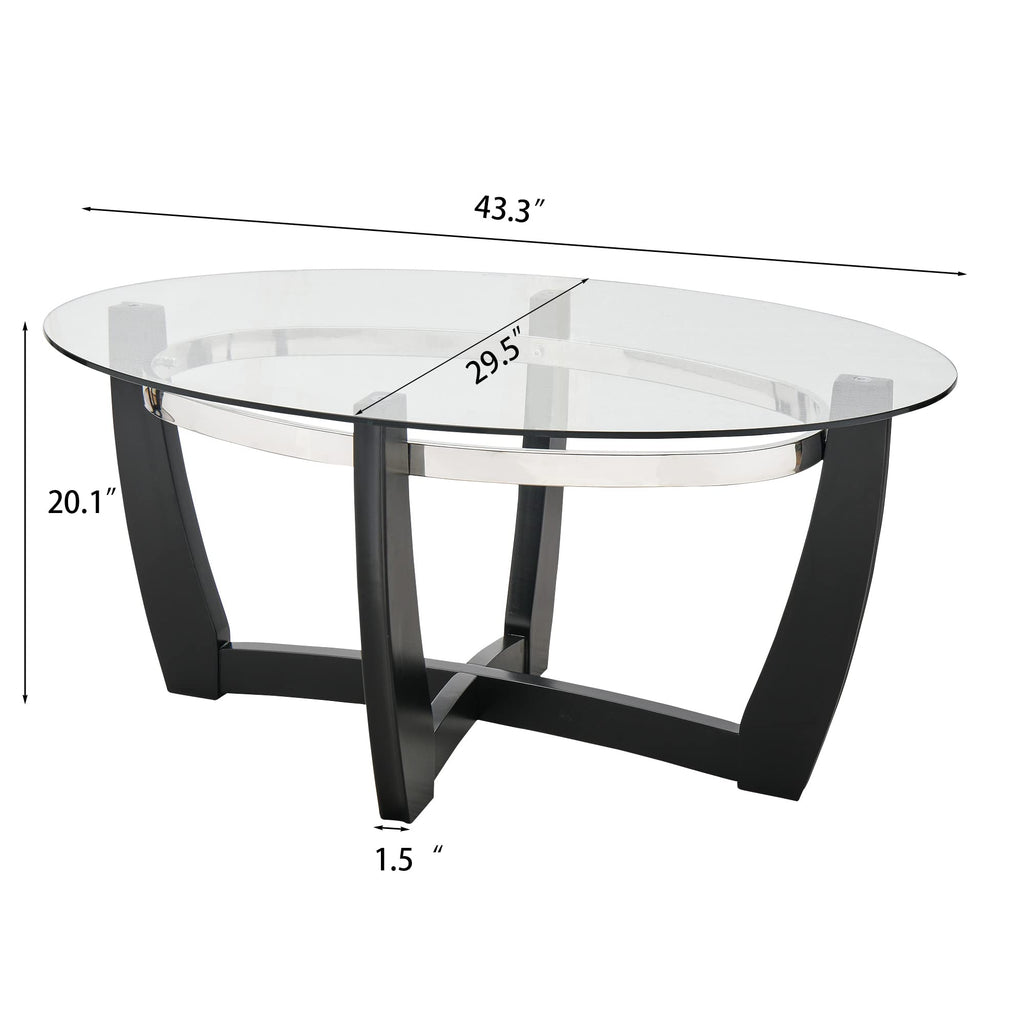 Glass Coffee Table with Solid Wood Base, 43.3''L x 29.5''W x 20.1''H B6554