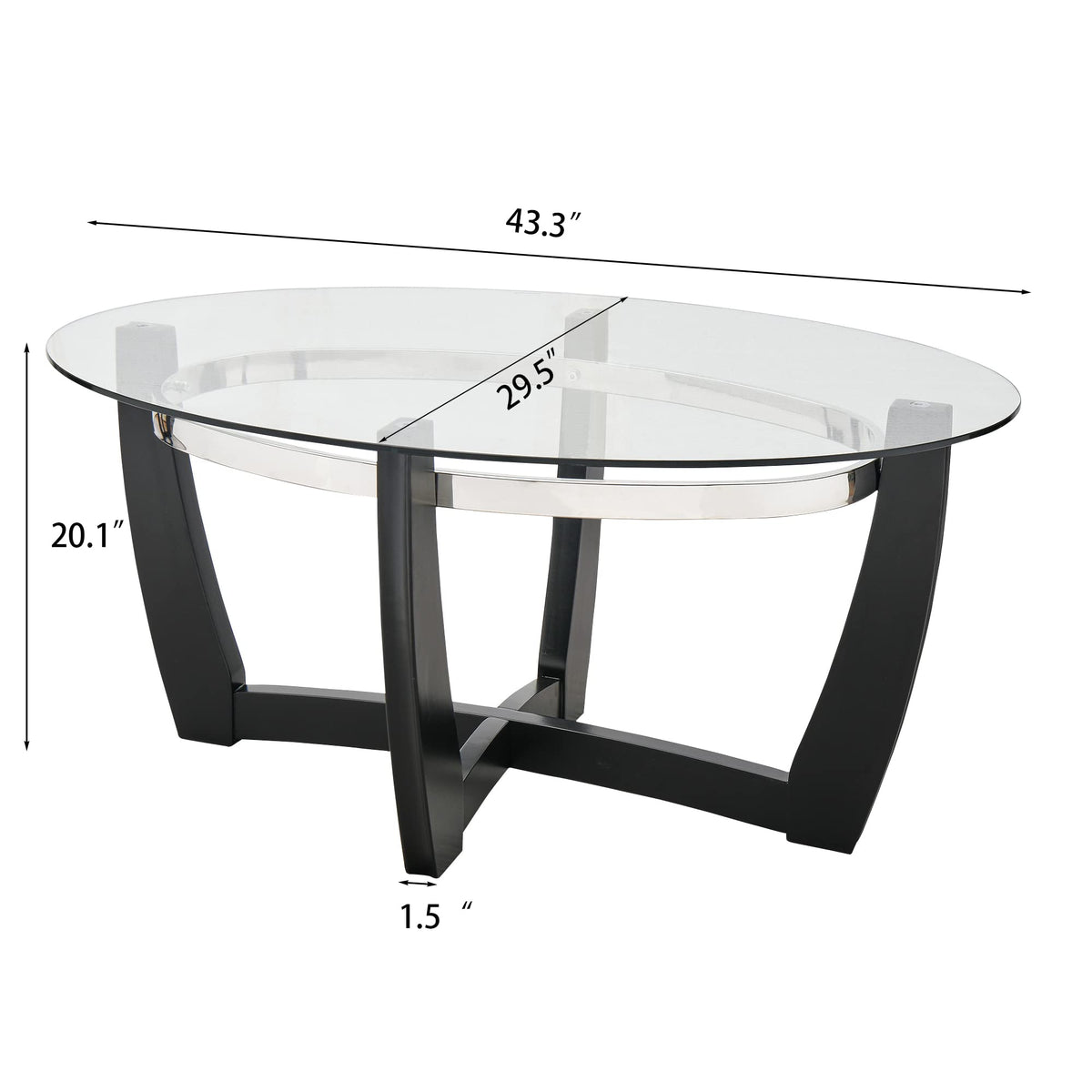 Glass Coffee Table with Solid Wood Base, 43.3''L x 29.5''W x 20.1''H B6554