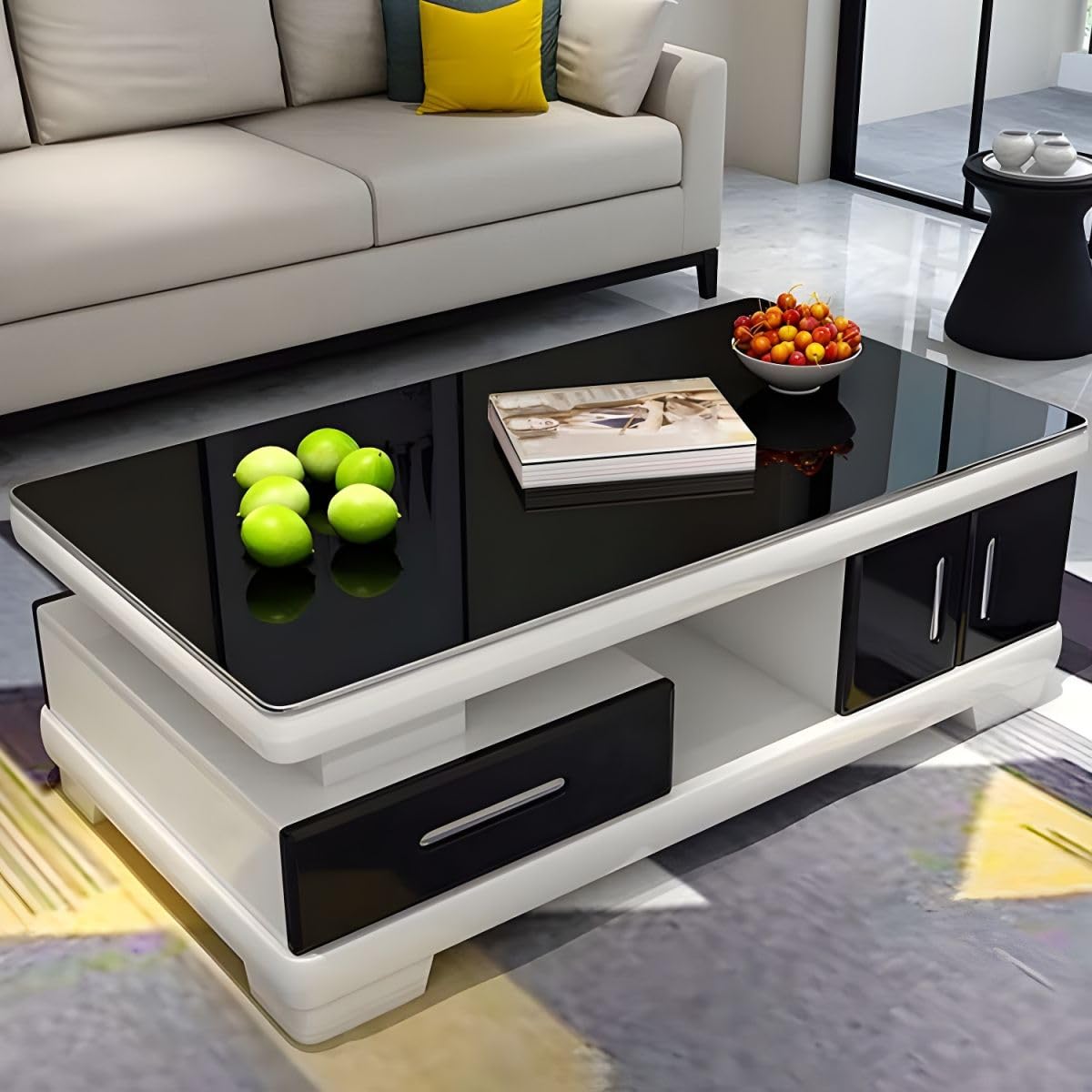 Modern Rectangular Glass Coffee Table with White Wood Base and Storage U8964