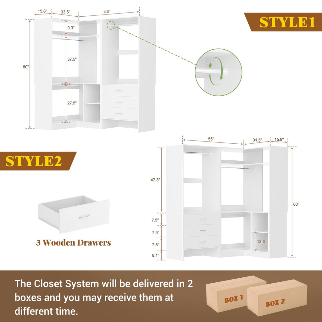 White L-Shaped Closet System with 3 Drawers S46487