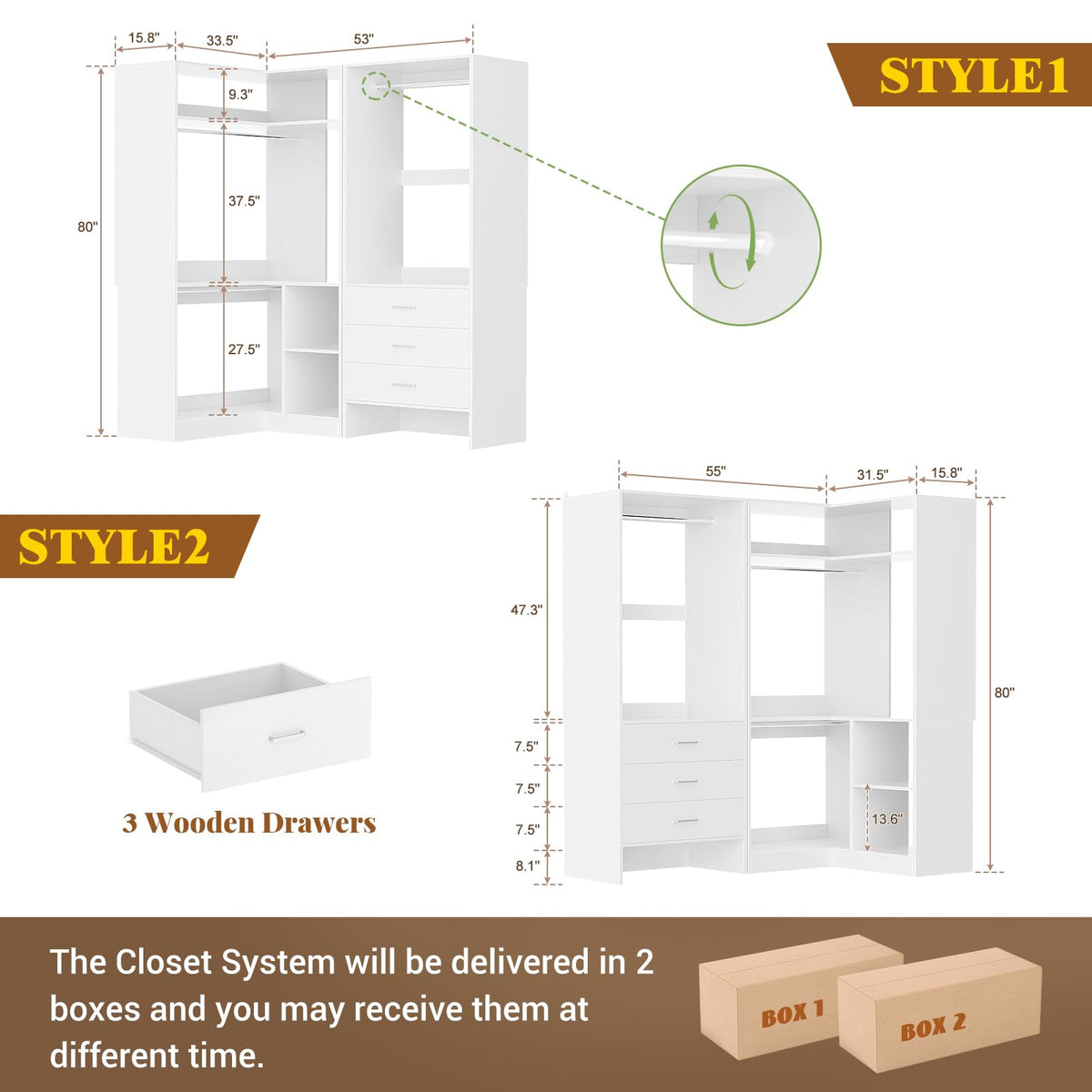 White L-Shaped Closet System with 3 Drawers S46487