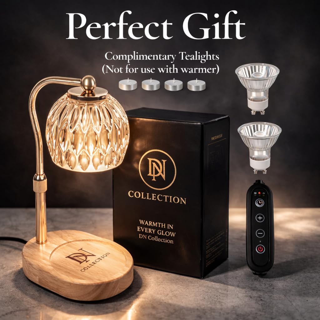 Candle Warmer Lamp with Timer & Dimmer, Adjustable Height, Crystal Glass Shade, Wooden Base, Gold Z25100
