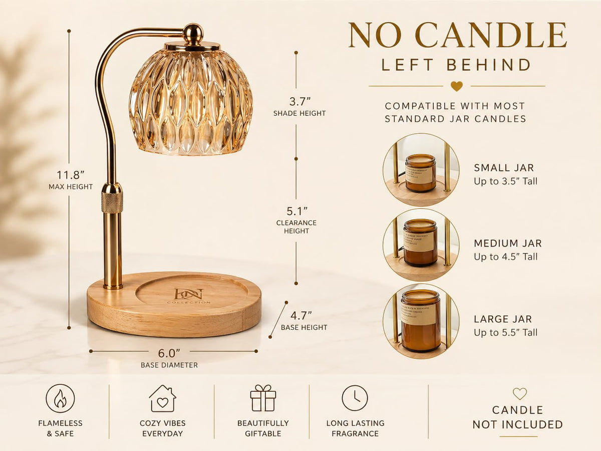 Candle Warmer Lamp with Timer & Dimmer, Adjustable Height, Crystal Glass Shade, Wooden Base, Gold Z25100
