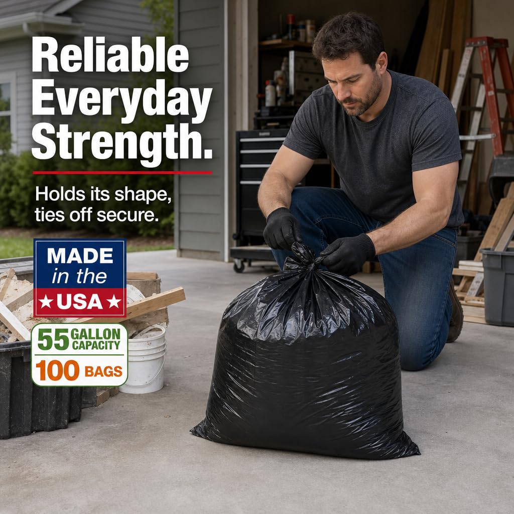 Heavy Duty Black 55-60 Gallon Trash Bags 100 Count I642