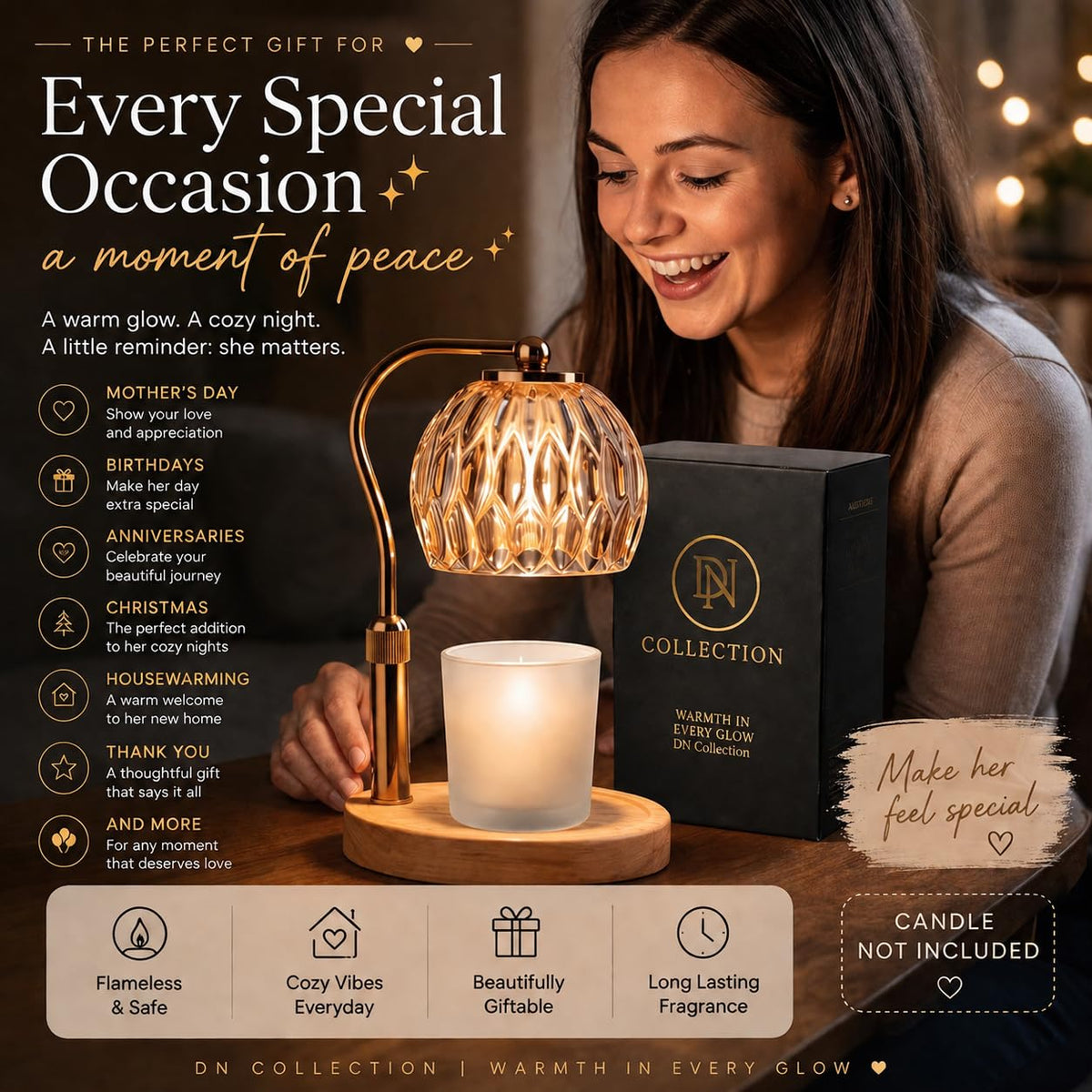 Candle Warmer Lamp with Timer & Dimmer, Adjustable Height, Crystal Glass Shade, Wooden Base, Gold Z25100