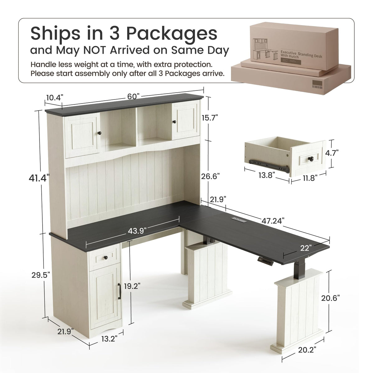 L Shaped Electric Standing Desk with Hutch and Drawers D673973