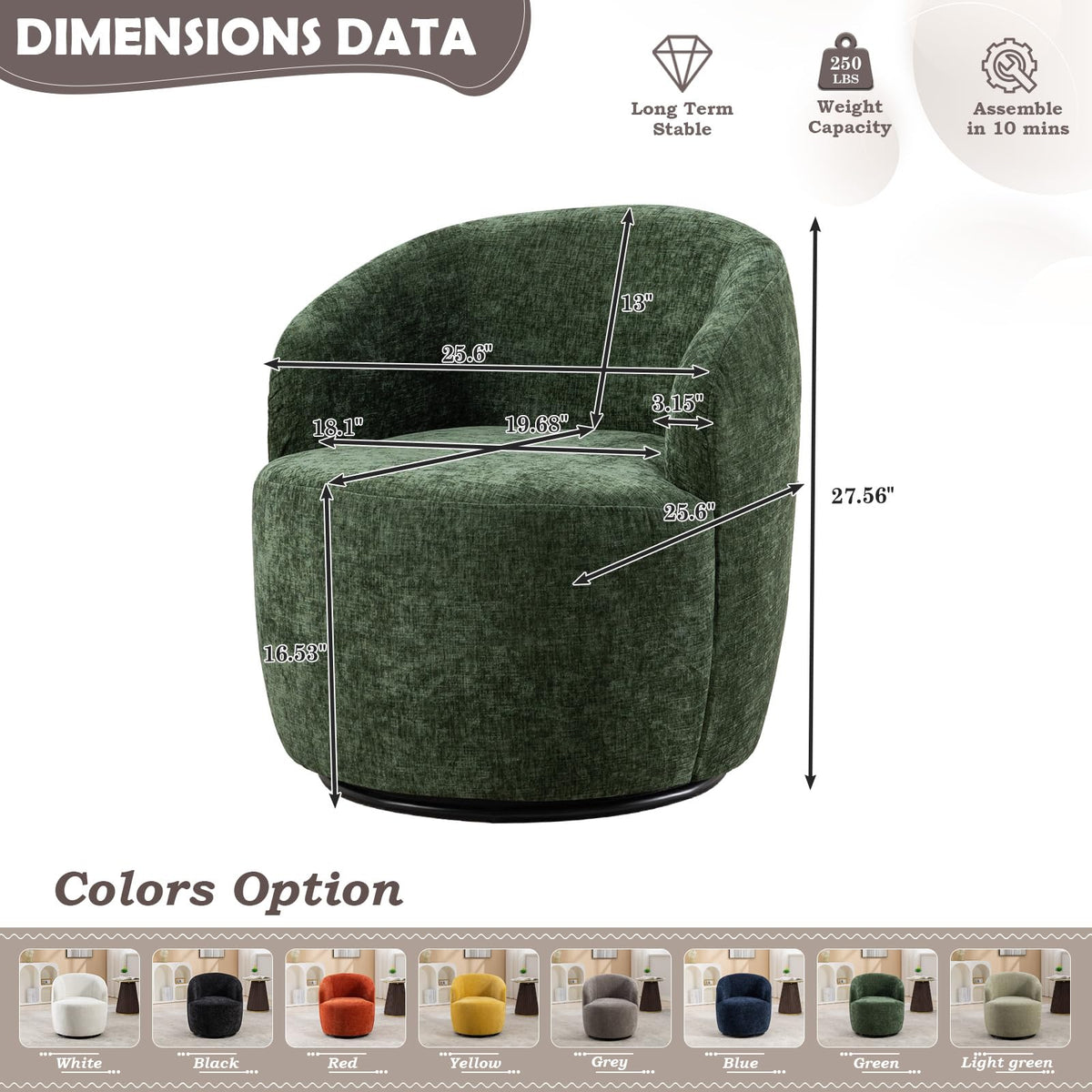 Green Chenille Swivel Barrel Chair A58307