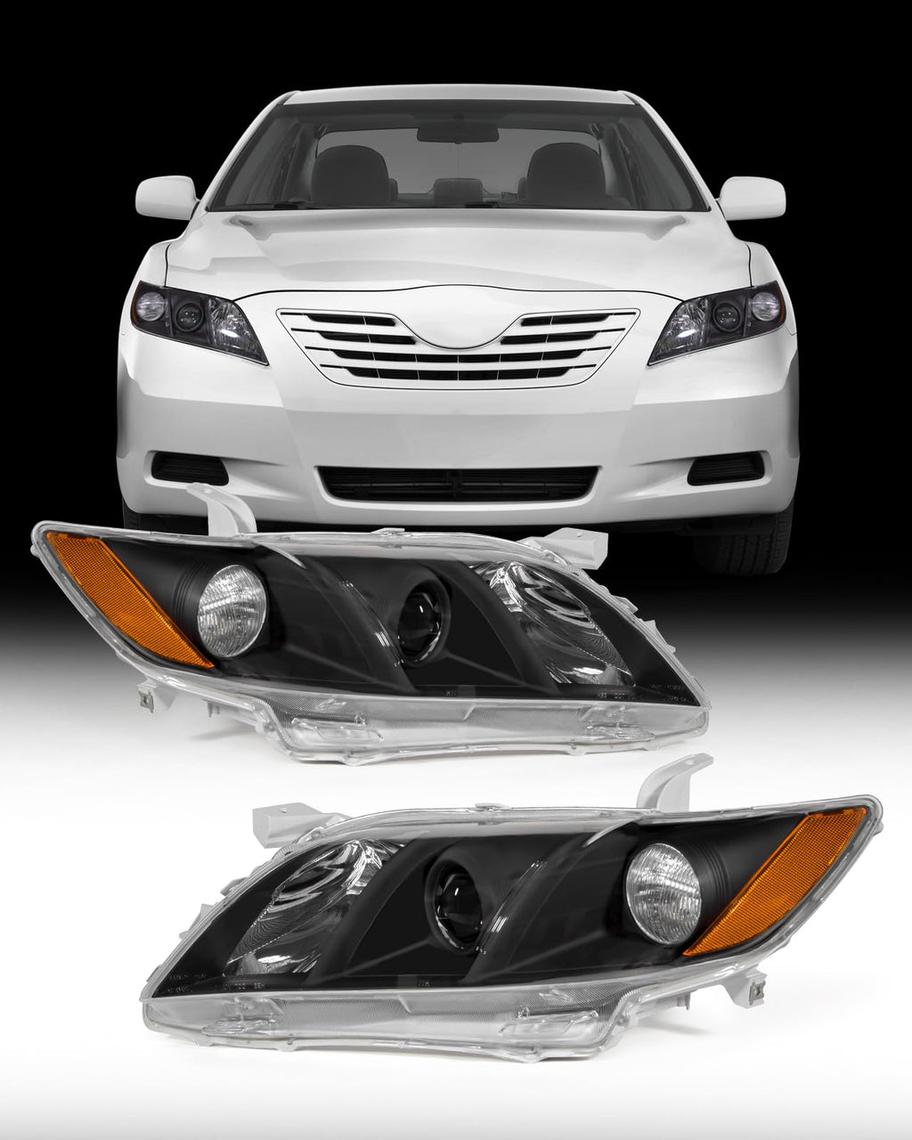 Compatible with 2007-2009 Toyota Camry Headlights Assembly Black Housing Amber Reflectors Left and Right Pairs Q83152