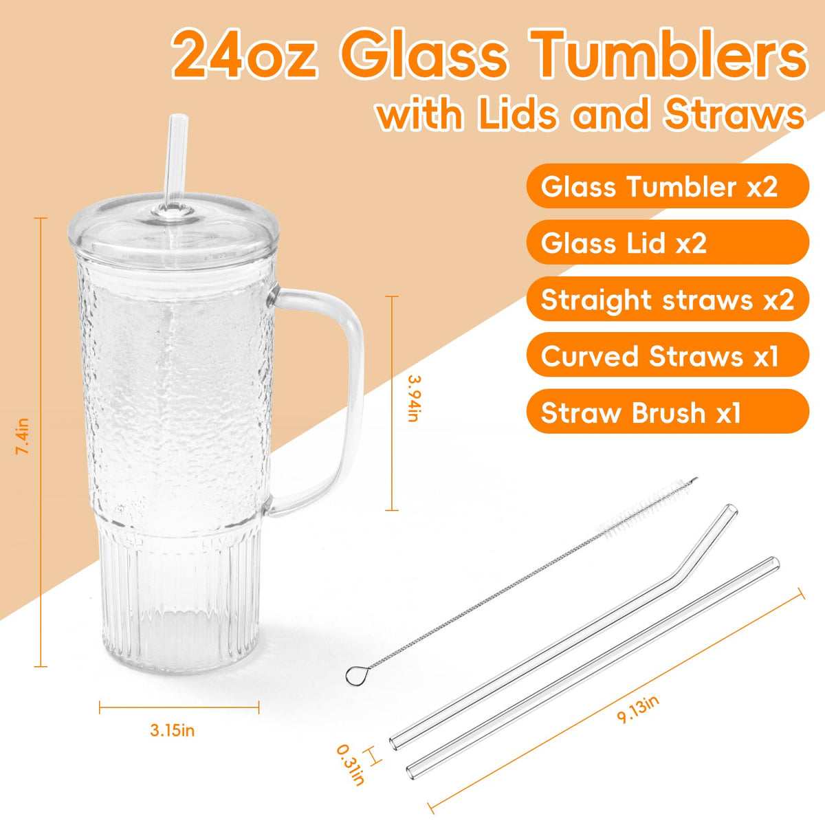 24oz Clear Glass Tumbler with Handle, 2 Pack M65542