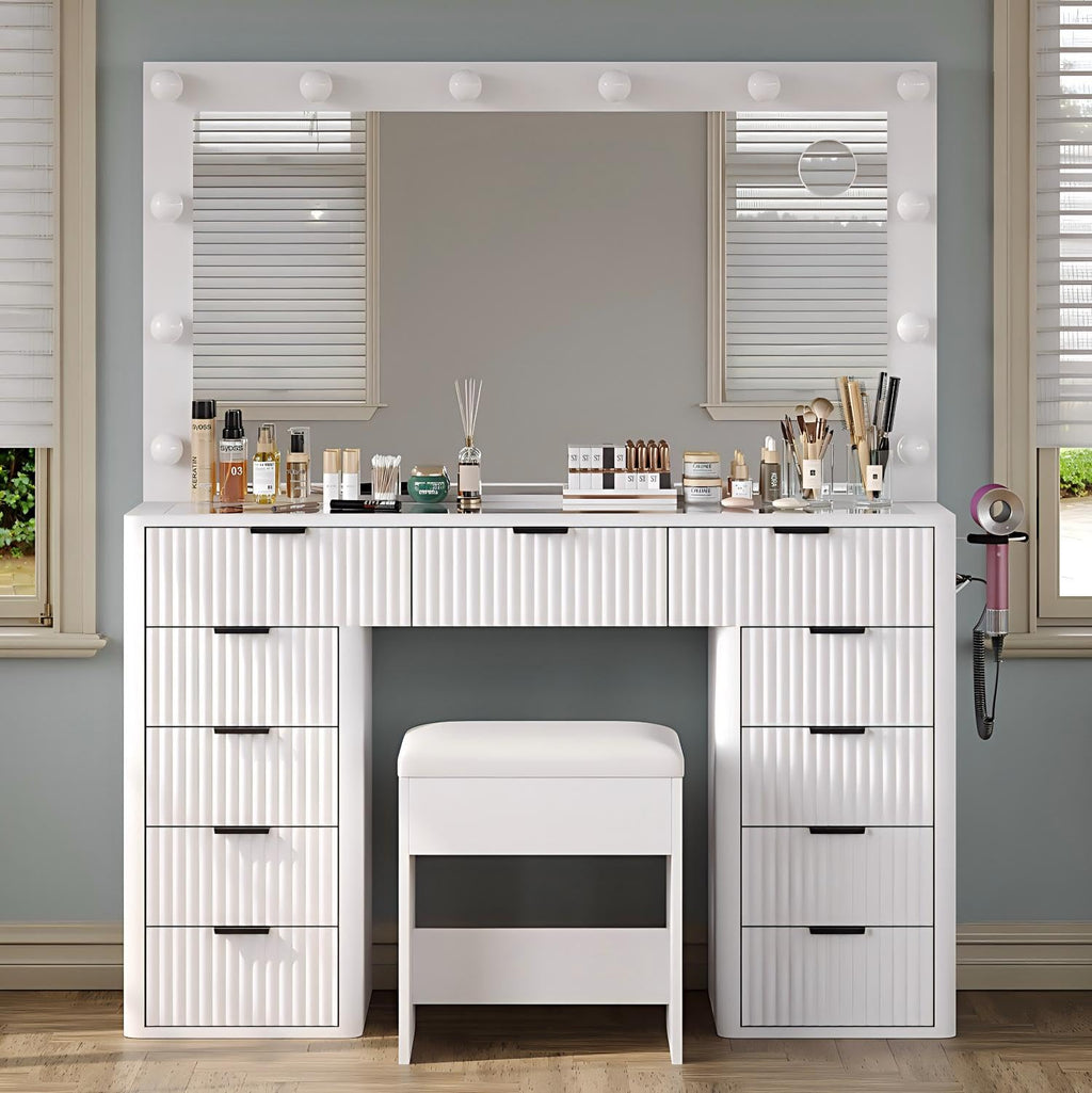47" White Vanity Desk with 3-Color LED Mirror & 11 Drawers I160000