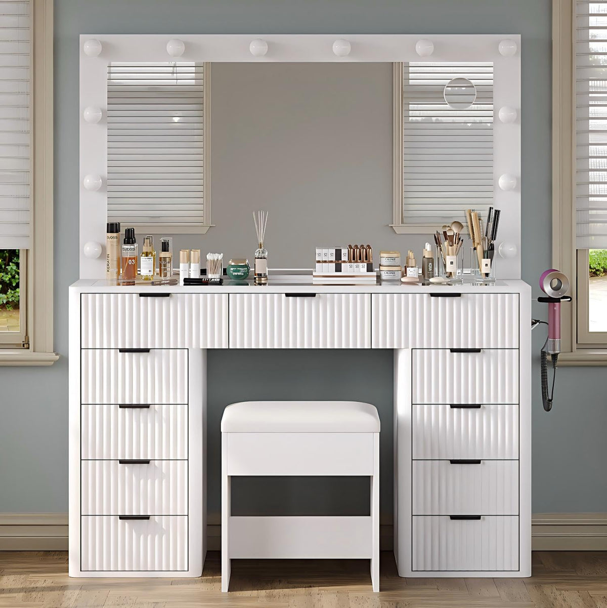 47" White Vanity Desk with 3-Color LED Mirror & 11 Drawers I160000