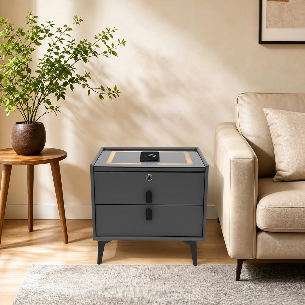 Smart Nightstand with Fingerprint Lock, Wireless Charging & 2-Drawer U327