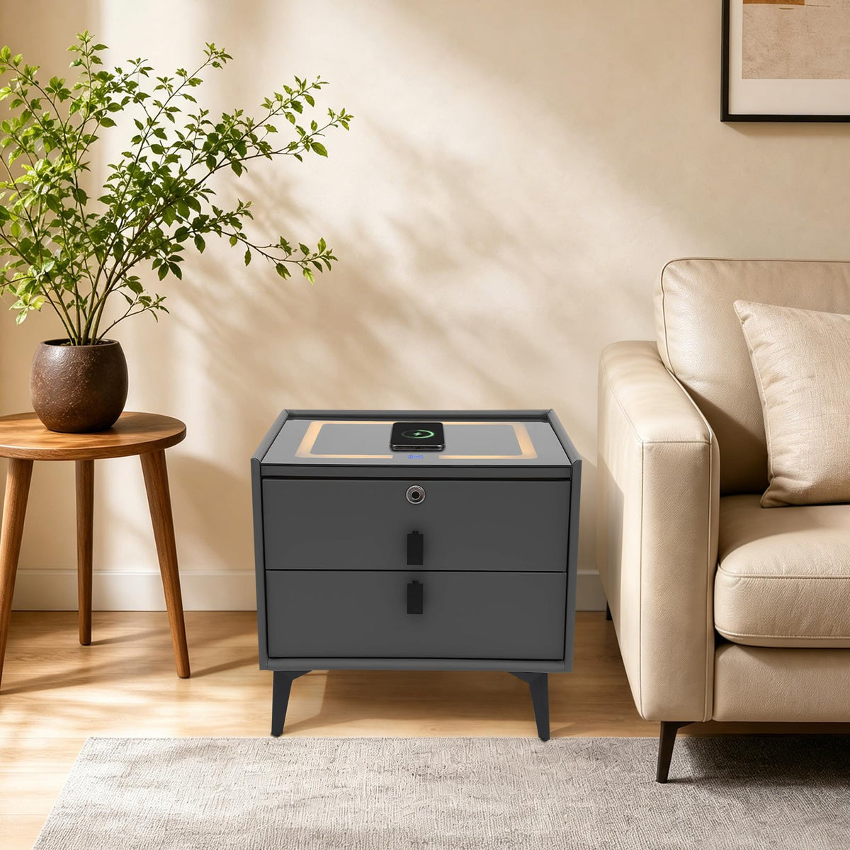 Smart Nightstand with Fingerprint Lock, Wireless Charging & 2-Drawer U327