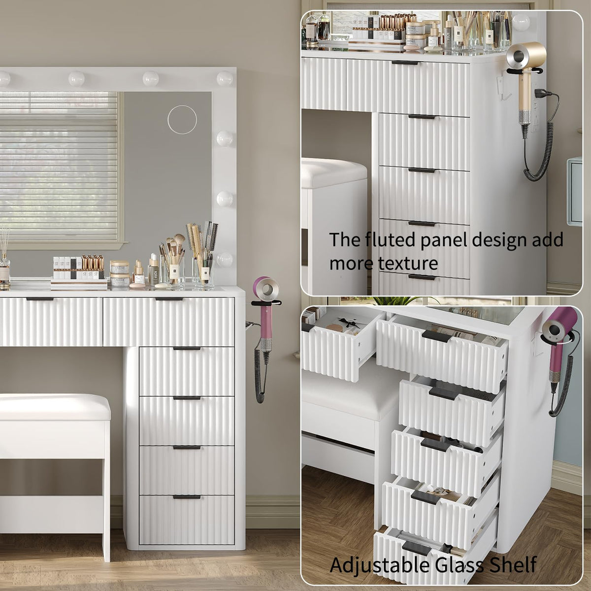 47" White Vanity Desk with 3-Color LED Mirror & 11 Drawers I160000