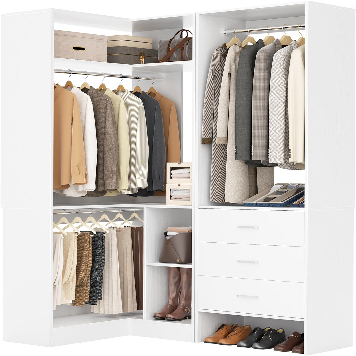 White L-Shaped Closet System with 3 Drawers S46487