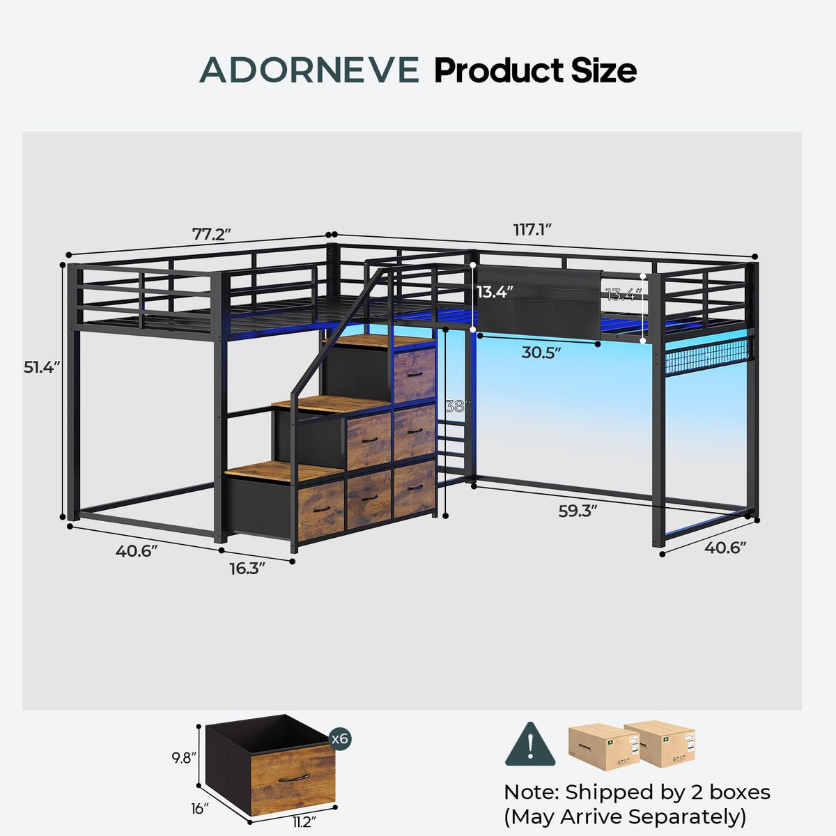 Twin Size L-Shaped Triple Bunk Beds with Staircase & 6 Storage Drawers U988980