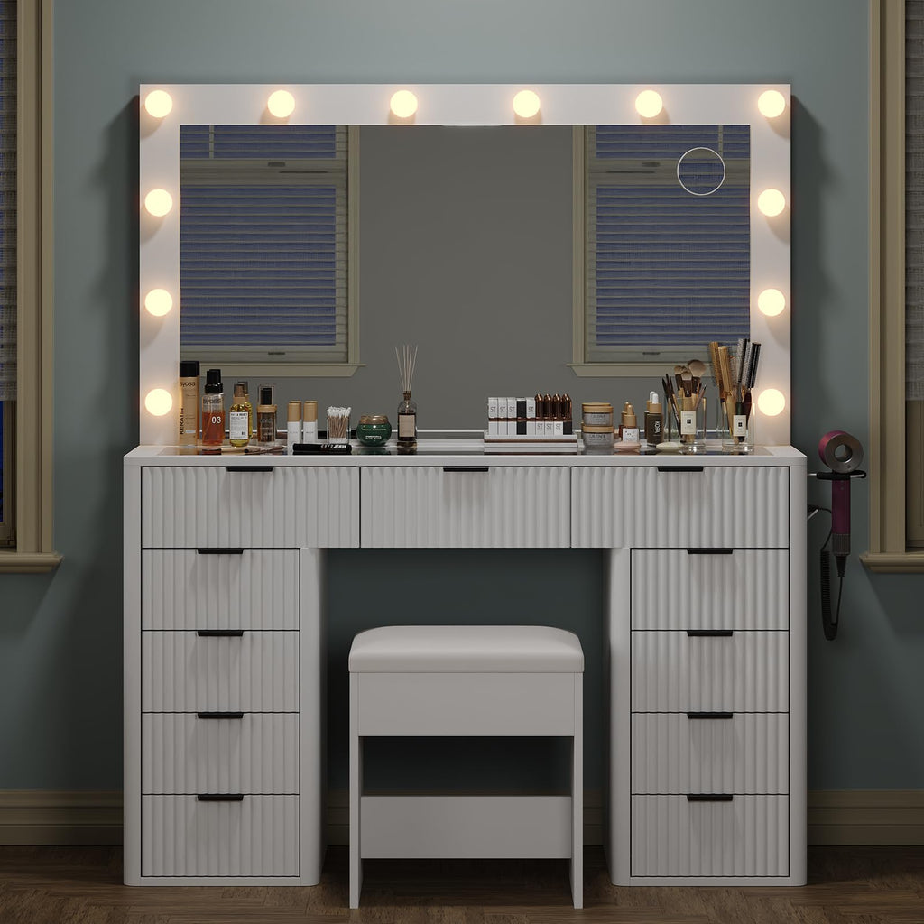 47" White Vanity Desk with 3-Color LED Mirror & 11 Drawers I160000