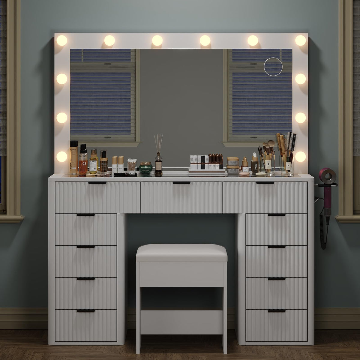 47" White Vanity Desk with 3-Color LED Mirror & 11 Drawers I160000