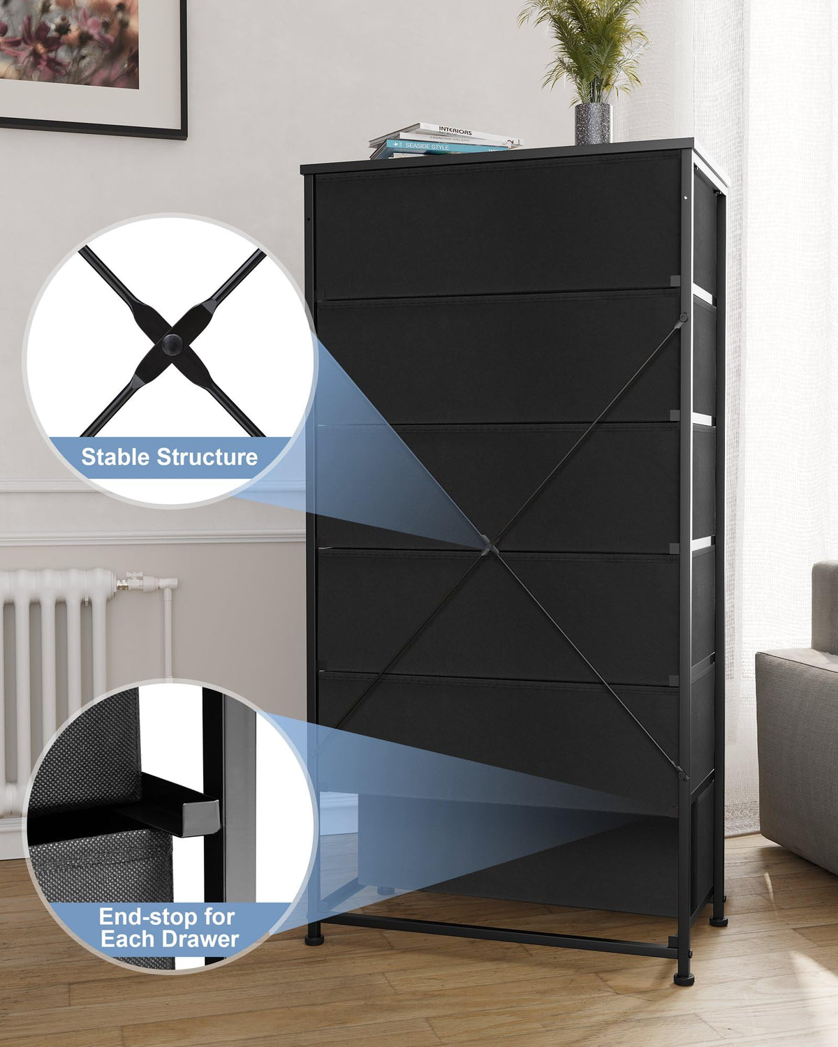 Black 6-Drawer Fabric Dresser N5858