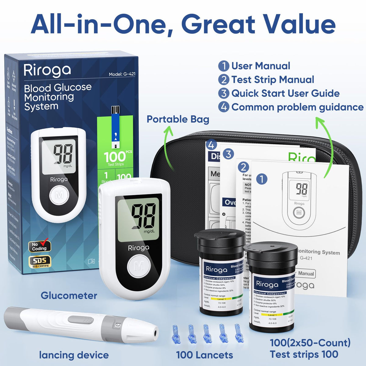 Blood Glucose Monitor Kit with 100 Strips, 100 Lancets, Lancing Device, No Coding H143170