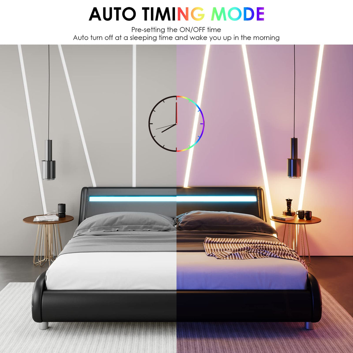 Black Upholstered Full LED Platform Bed Frame with Headboard O9245