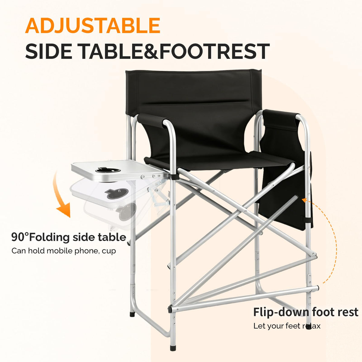 Black Foldable Makeup Chair with Side Table & Footrest Z38037