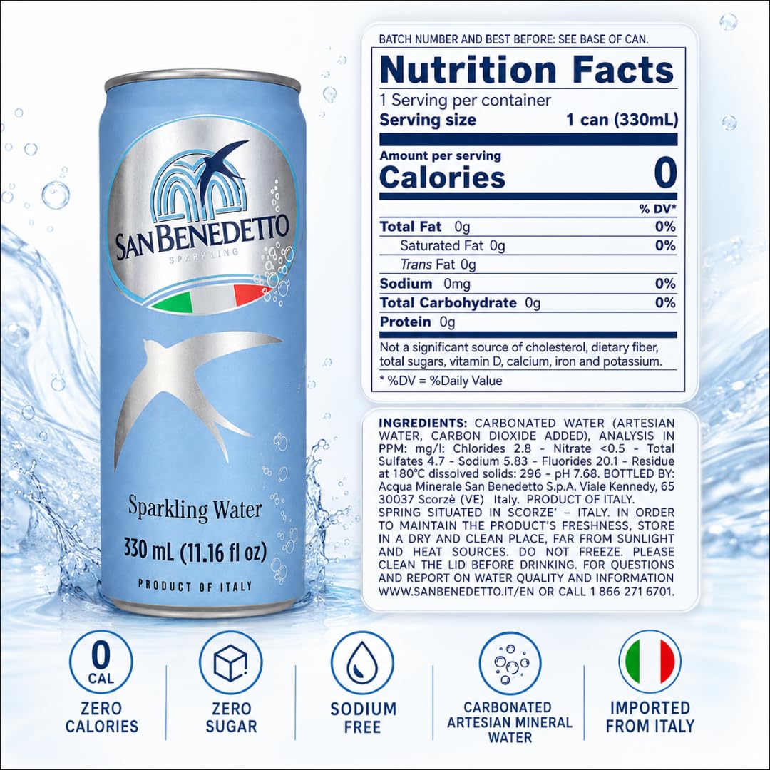 Imported Italian Sparkling Mineral Water 330mL Slim Cans Pack of 12 H164