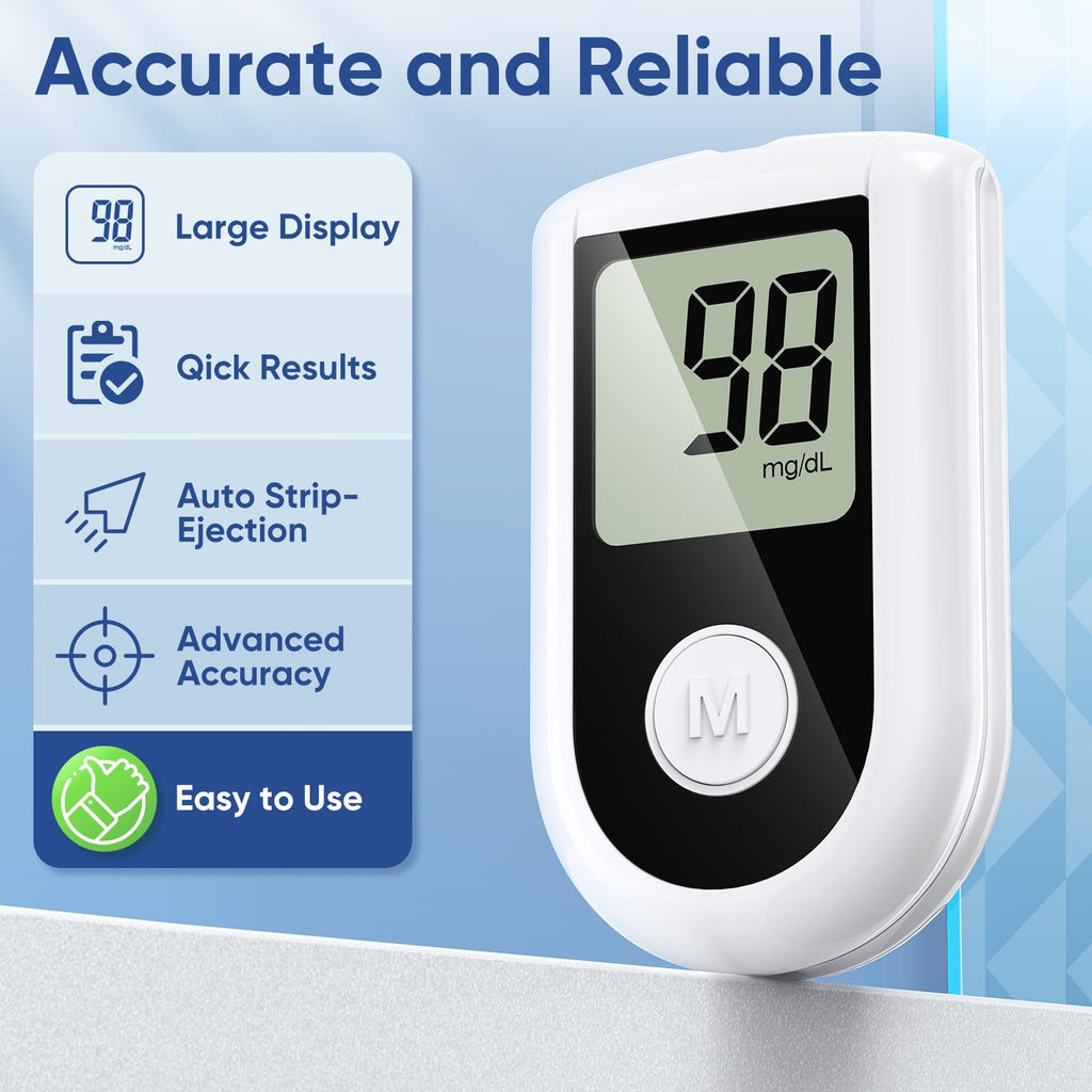 Blood Glucose Monitor Kit with 100 Strips, 100 Lancets, Lancing Device, No Coding H143170