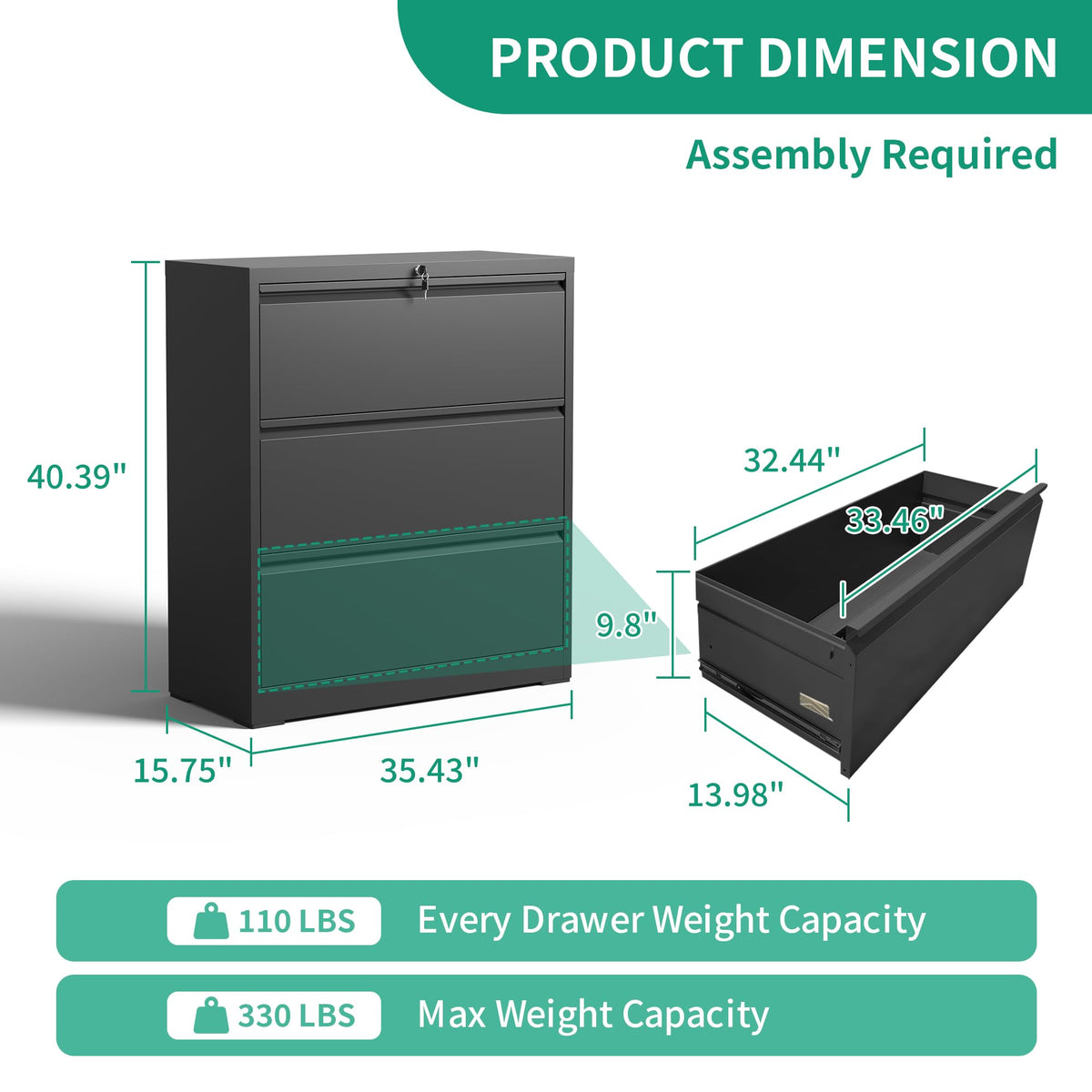Black 3 Drawer Locking Metal File Cabinet A248931
