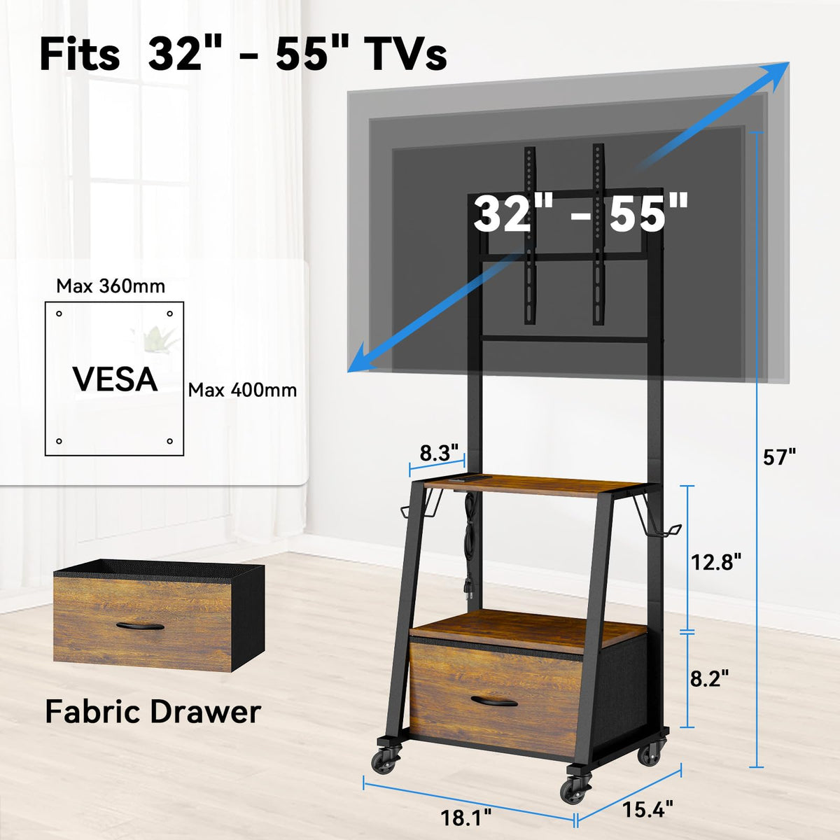 Rolling TV Stand on Wheels for 32-55 Inch TVs E334