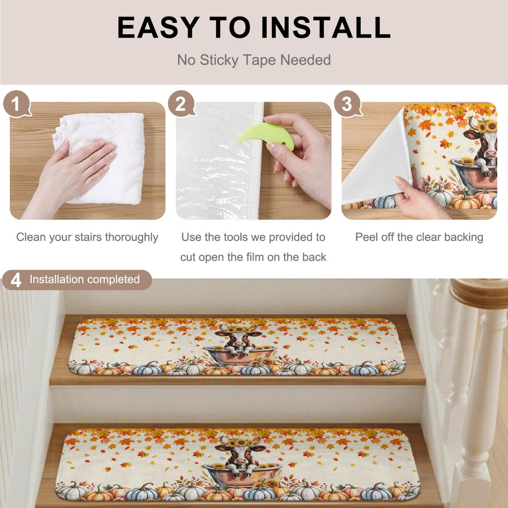 Fall Pumpkin Maple Leaves Non Slip Carpet Stair Treads 4 Pack 8"x30" M4071