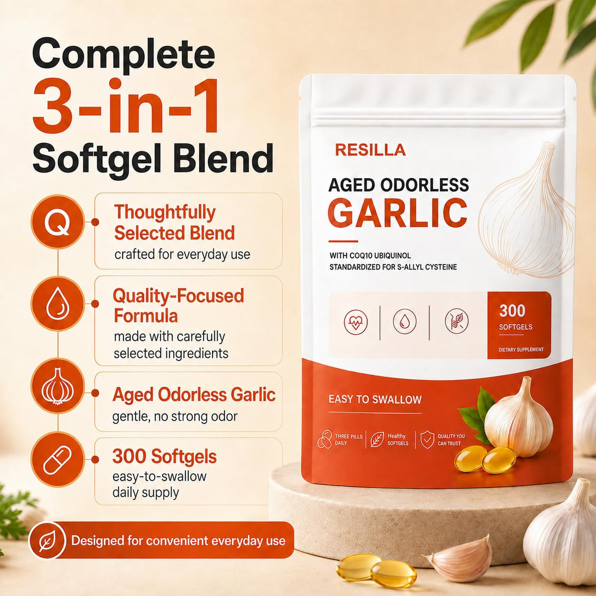 Odorless Aged Garlic Softgels, 300 Softgels K907