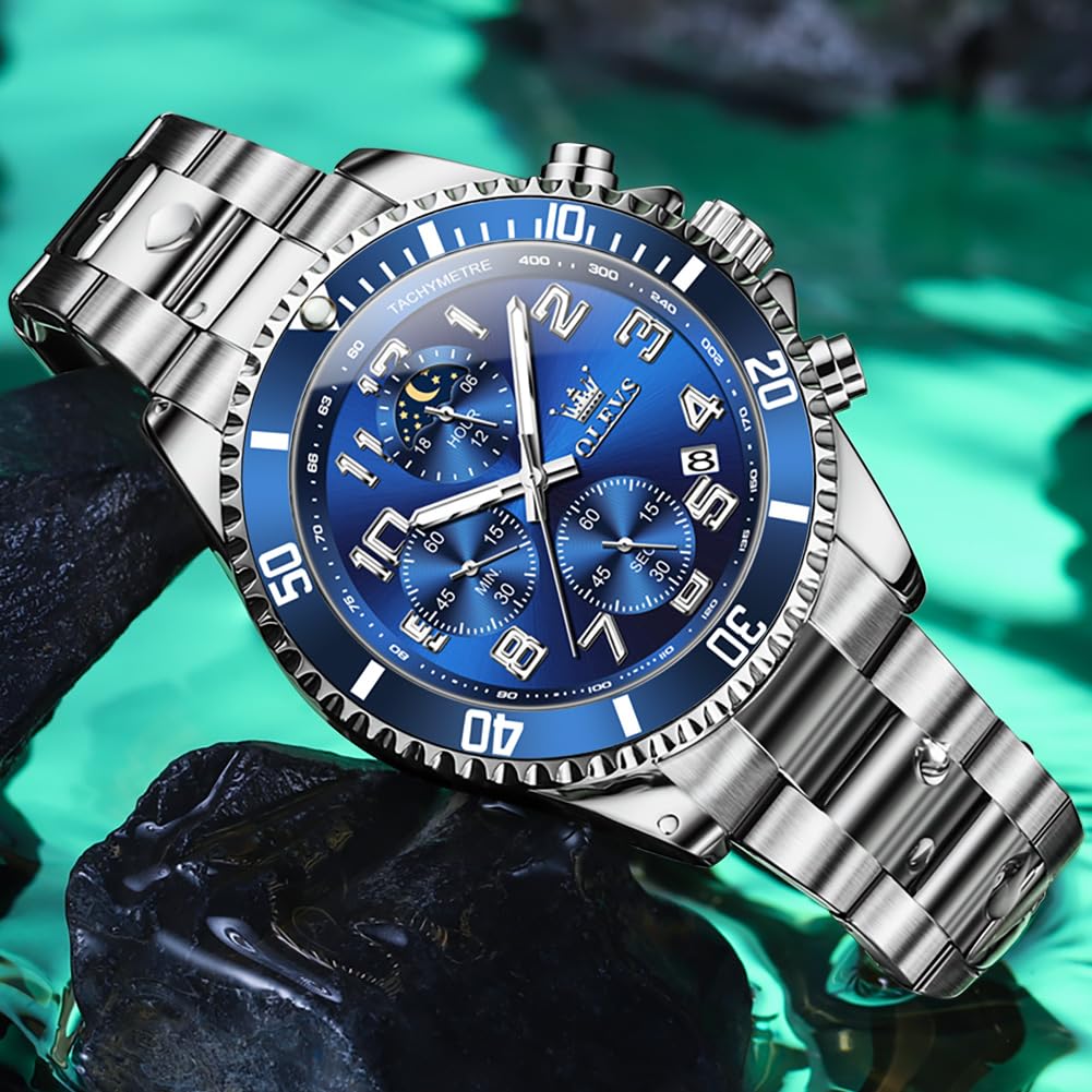 Mens Chronograph Moon Phase Two Tone Stainless Steel Waterproof Luminous Wrist Watch J659