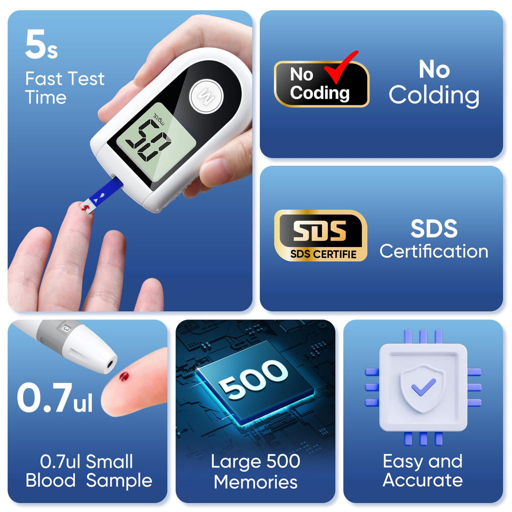 Blood Glucose Monitor Kit with 100 Strips, 100 Lancets, Lancing Device, No Coding H143170