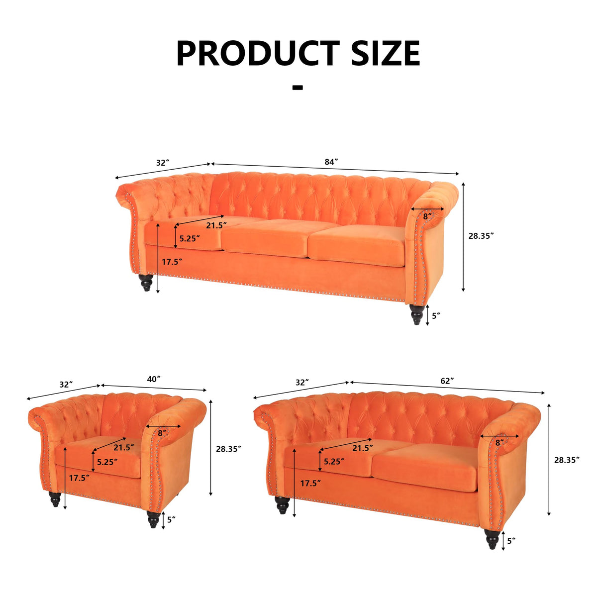 Orange Velvet 3 Pieces Sofa Set E66232