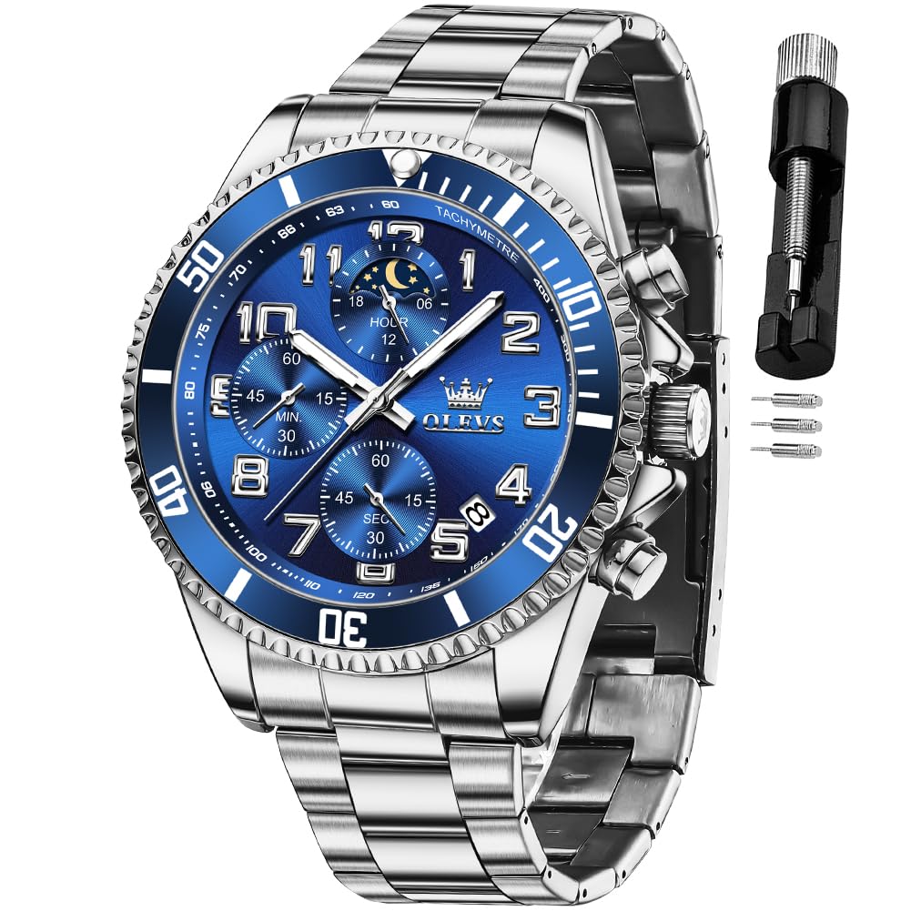 Mens Chronograph Moon Phase Two Tone Stainless Steel Waterproof Luminous Wrist Watch J659