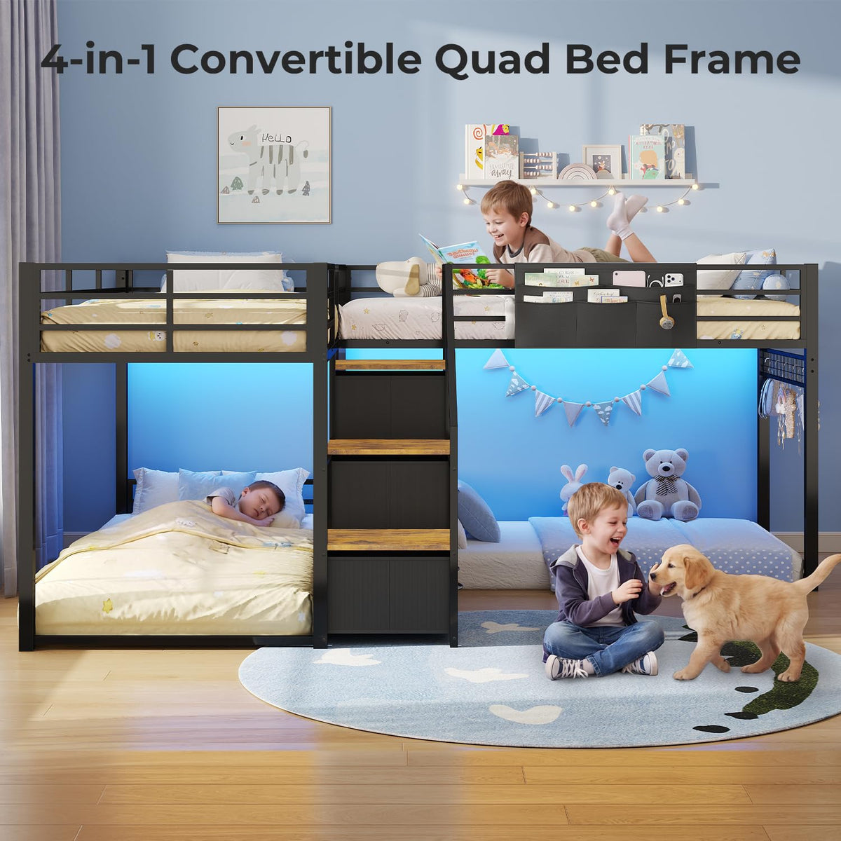Twin Size L-Shaped Triple Bunk Beds with Staircase & 6 Storage Drawers U988980