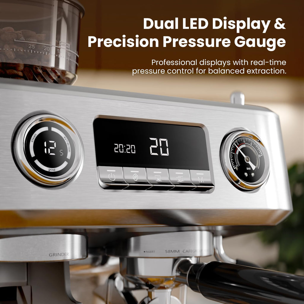 20 Bar Dual Boiler Espresso Machine with Grinder & Milk Steamer M5004
